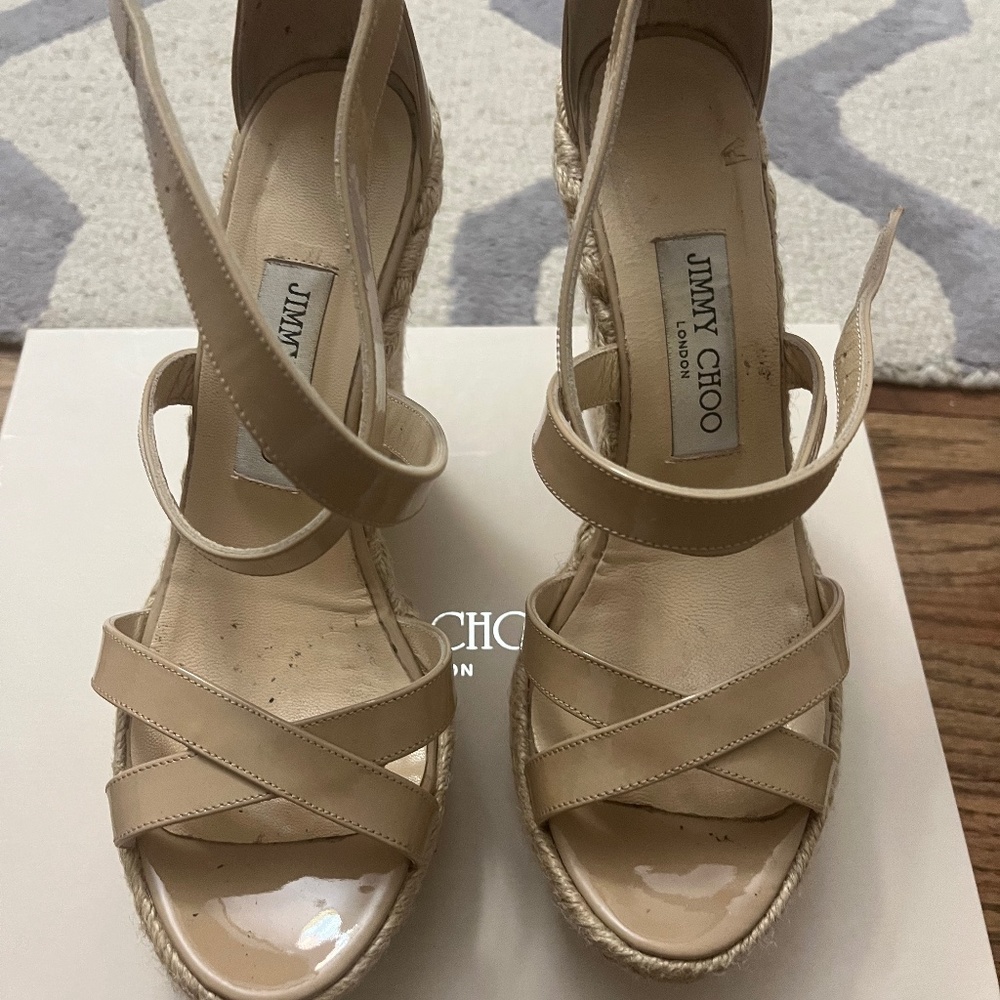 Jimmy Choo Porto wedges in patent nude size 38.